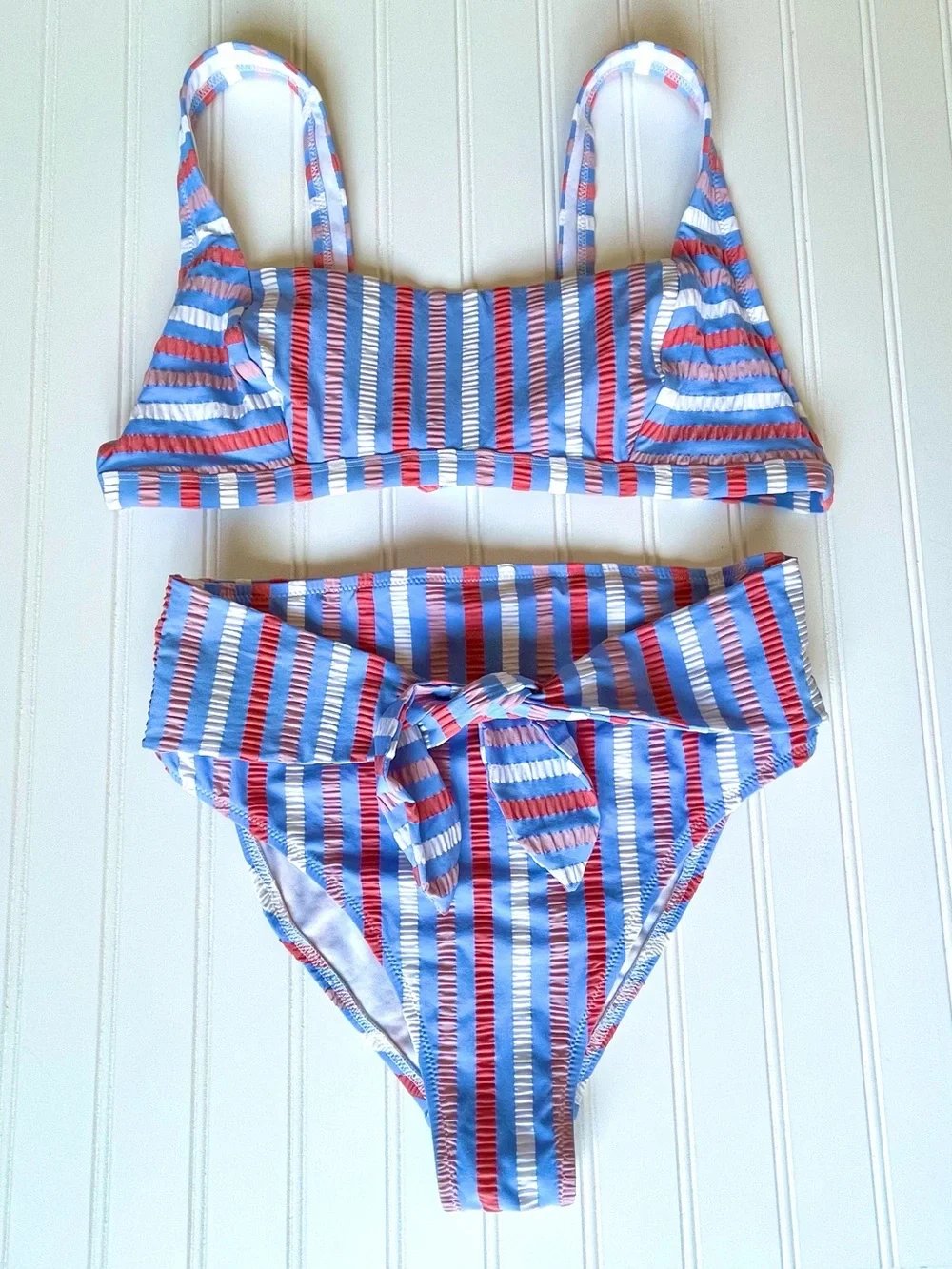 Jessica Bikini Retro Scoop Top HR Tie Waist Bottom Crinkle Sunset Stripe Large